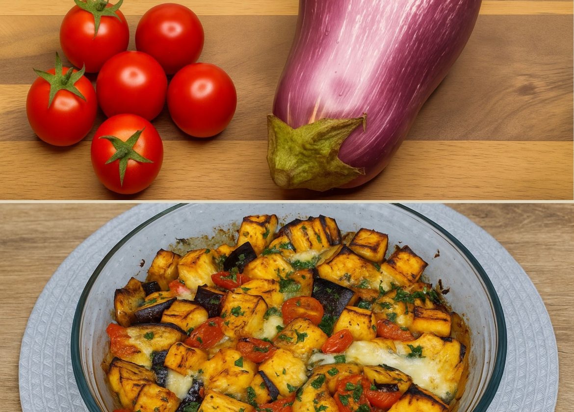 Golden Baked Eggplant with Mozzarella & Cherry Tomatoes