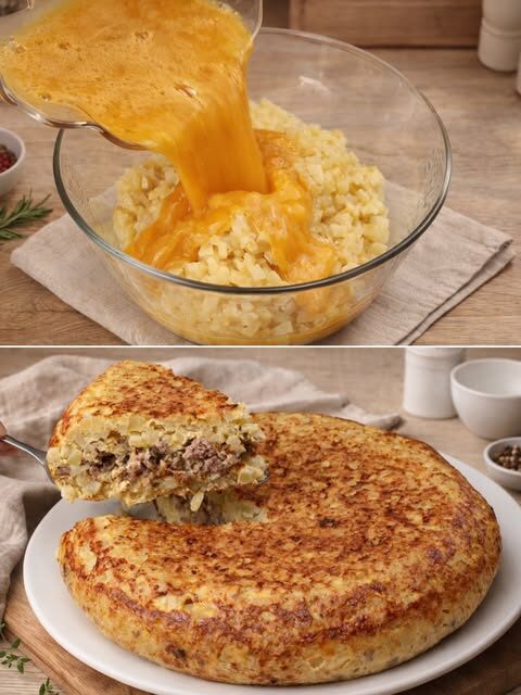 Golden Layered Potato, Meat & Cheddar Skillet