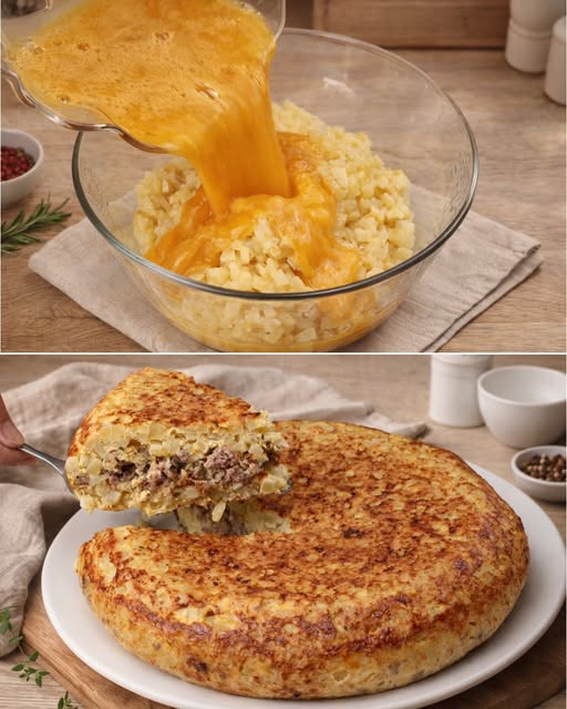 Golden Layered Potato, Meat & Cheddar Skillet