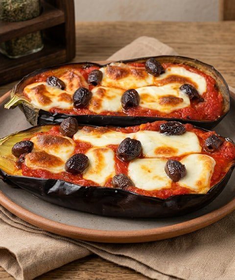 Air Fryer Eggplant with Tomato Sauce, Mozzarella, and Olives