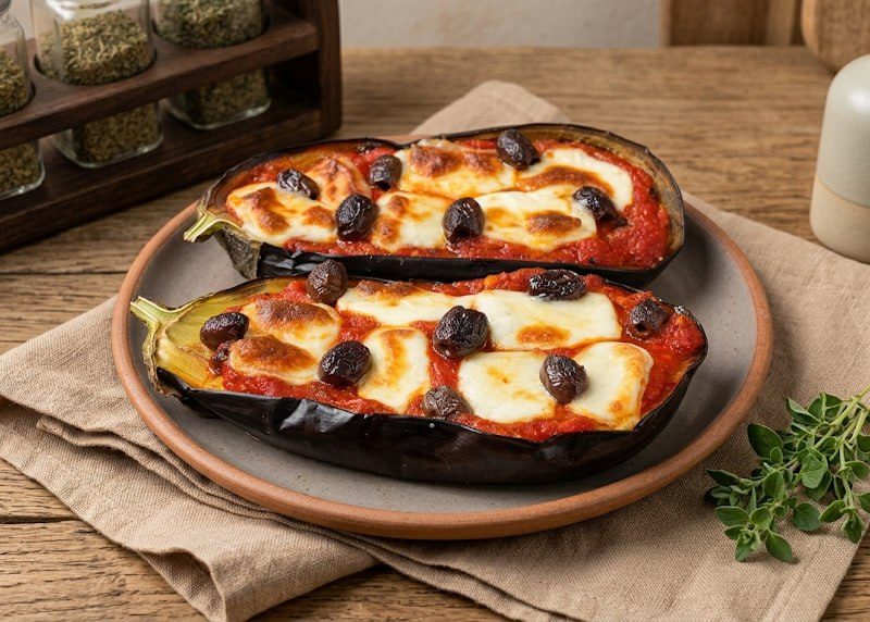 Air Fryer Eggplant with Tomato Sauce, Mozzarella, and Olives
