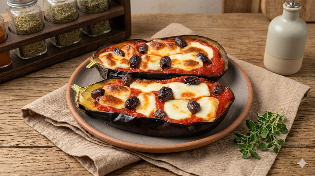 Air Fryer Eggplant with Tomato Sauce, Mozzarella, and Olives