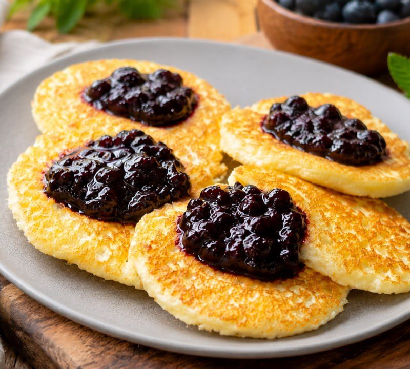 Cottage Cheese Pancakes with Coconut Flour and Berry Sauce